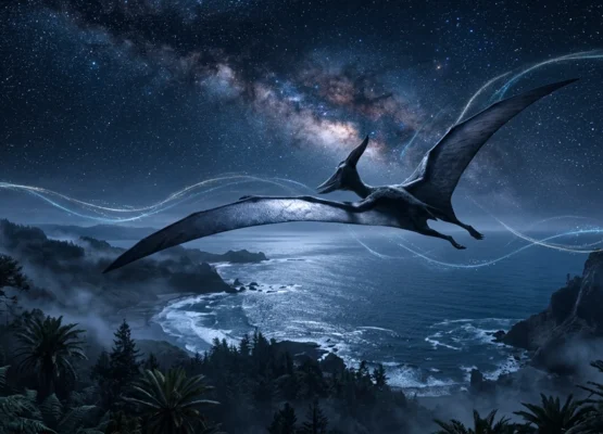 a massive pterosaur gliding high above a Cretaceous