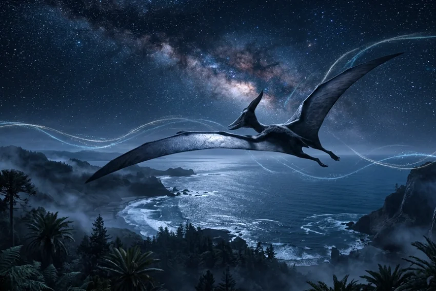 a massive pterosaur gliding high above a Cretaceous